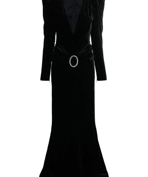 DEEP NECKLINE VELVET LONG DRESS